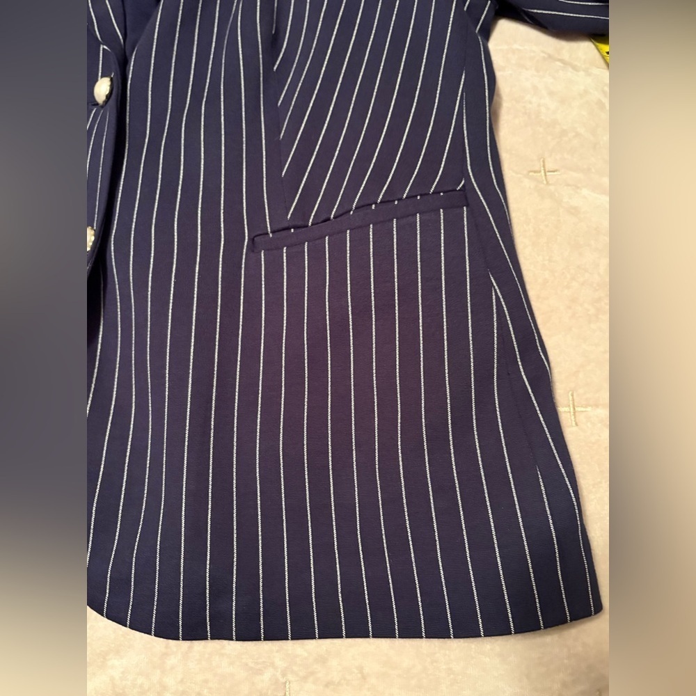 NWT Chico's Navy and White Striped Blazer Women’s XLP Ruffled Cuff Pearl Buttons - Picture 6 of 10
